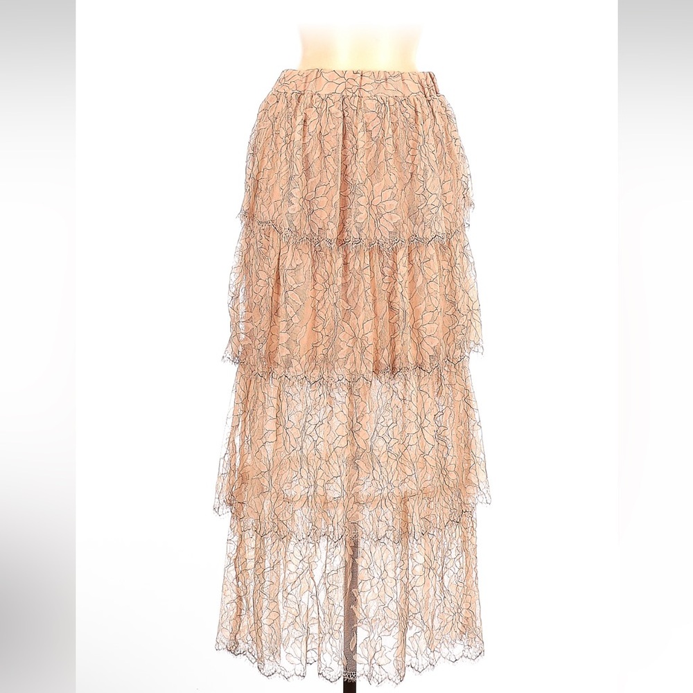 Zara Elegant Lace Tiered Maxi Skirt in Peach Medium
